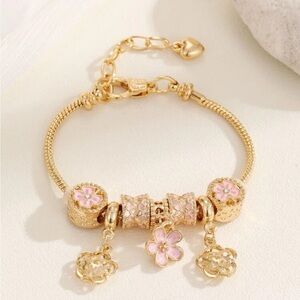 Gold Charm Bracelet With Pink Flower Charms 🌸